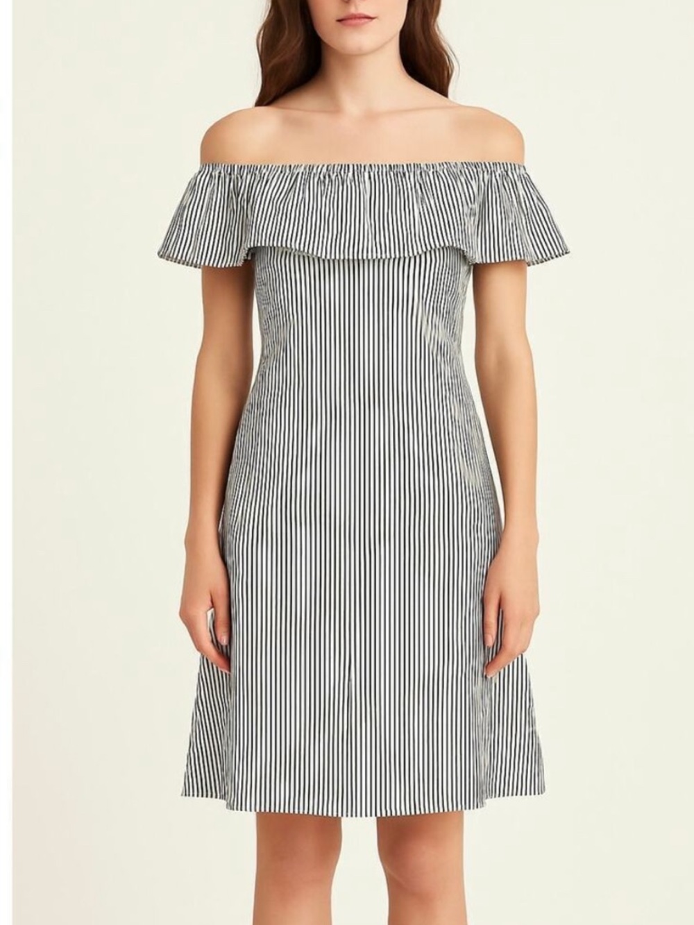 Banana Republic Navy and White Striped Off-Shoulder Midi Dress